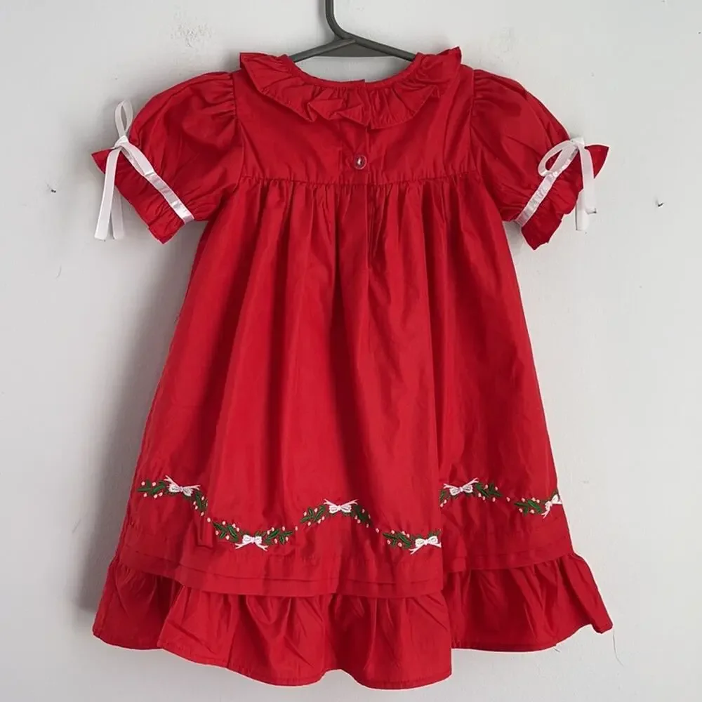 Little Louanne embroidered holly cotton blend Christmas dress sz 24mos